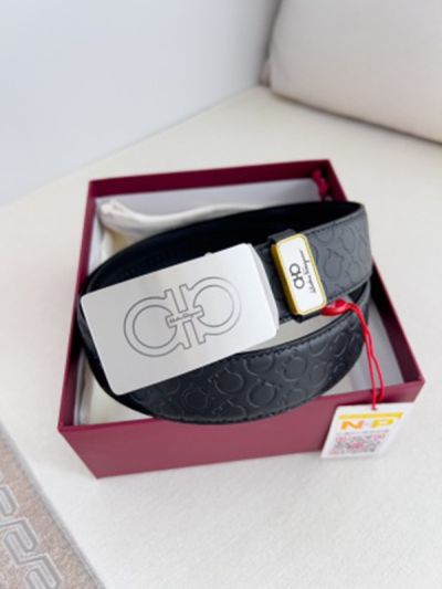 1:1 Ferragamo  Black Leather Belt  with Silver Logo buckle Rectangle Buckle  3.5cm